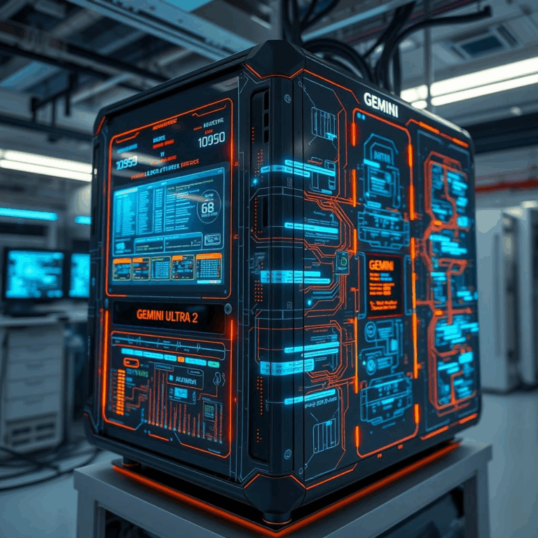 Illustration of Gemini Ultra 2, Google DeepMind’s latest AI model, visualized with futuristic neural networks and data layers.