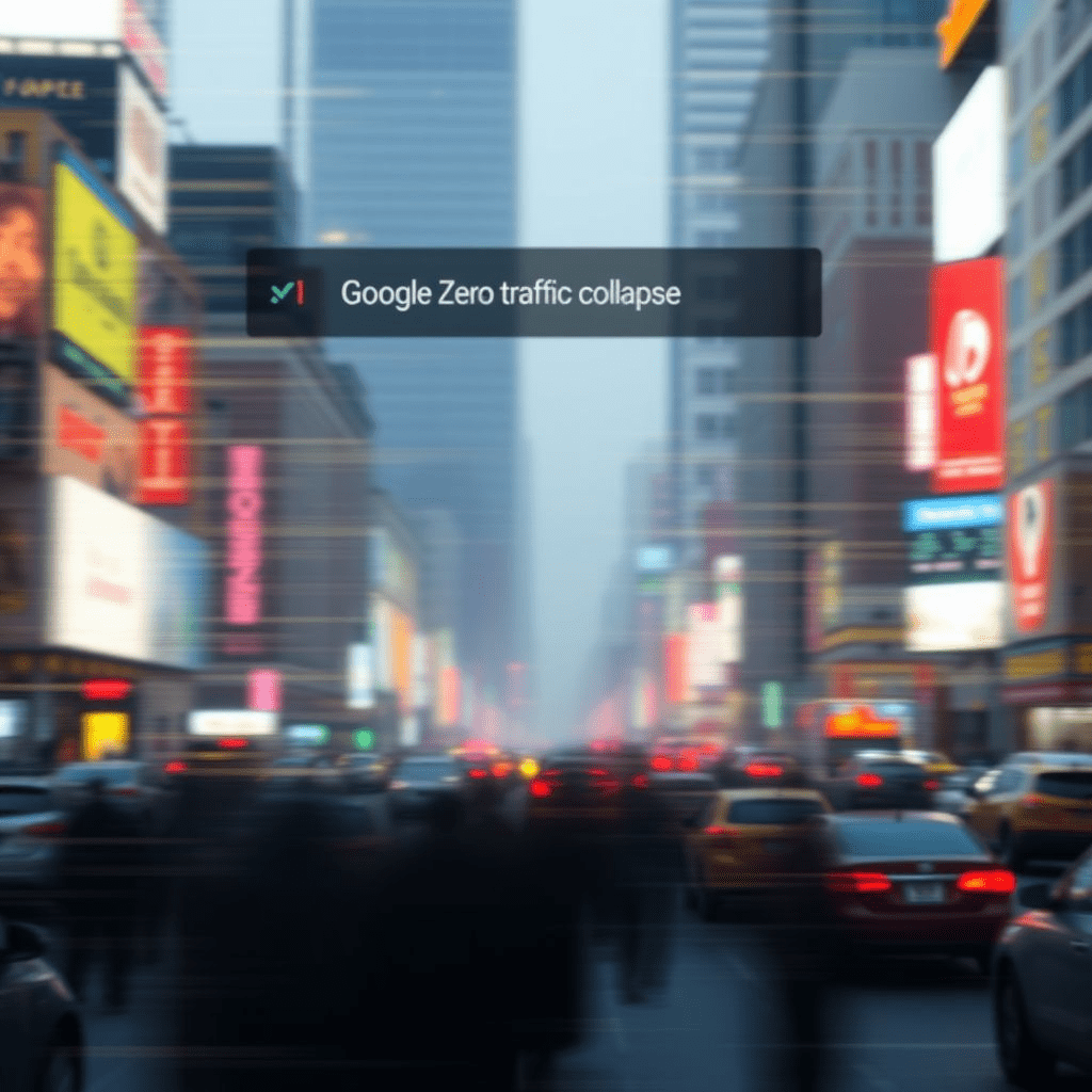 An AI-generated summary box eclipses flitting news headlines under the banner “Google Zero traffic collapse”.