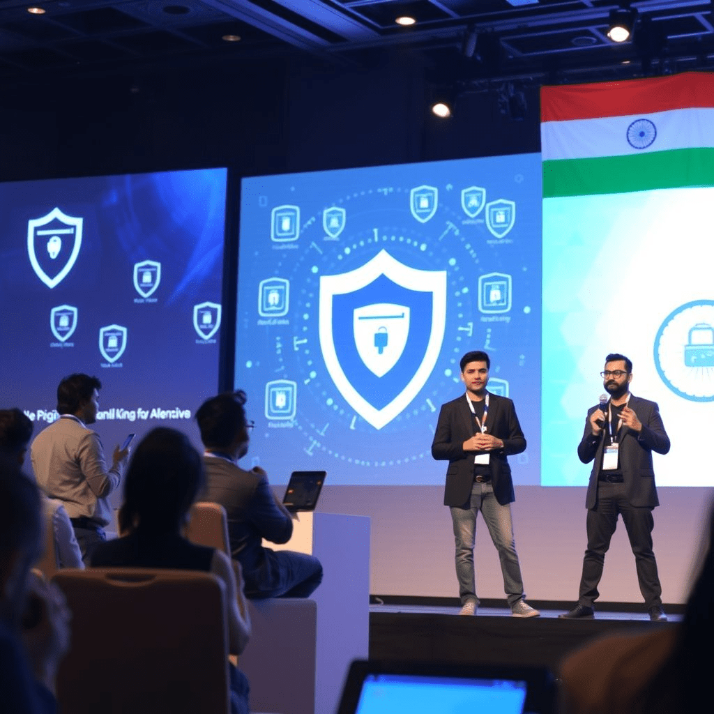 IIT Kanpur cybersecurity startup demo – founders presenting cyber products with digital shield backdrop.
