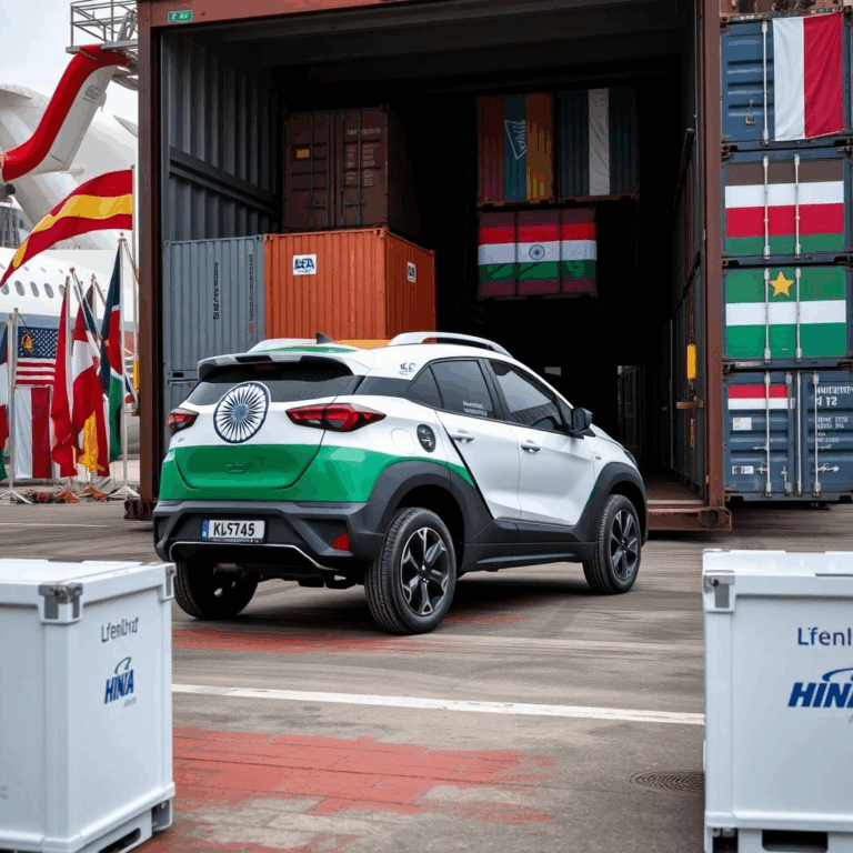 “India EV export growth: Indian electric vehicle ready for global shipment.”