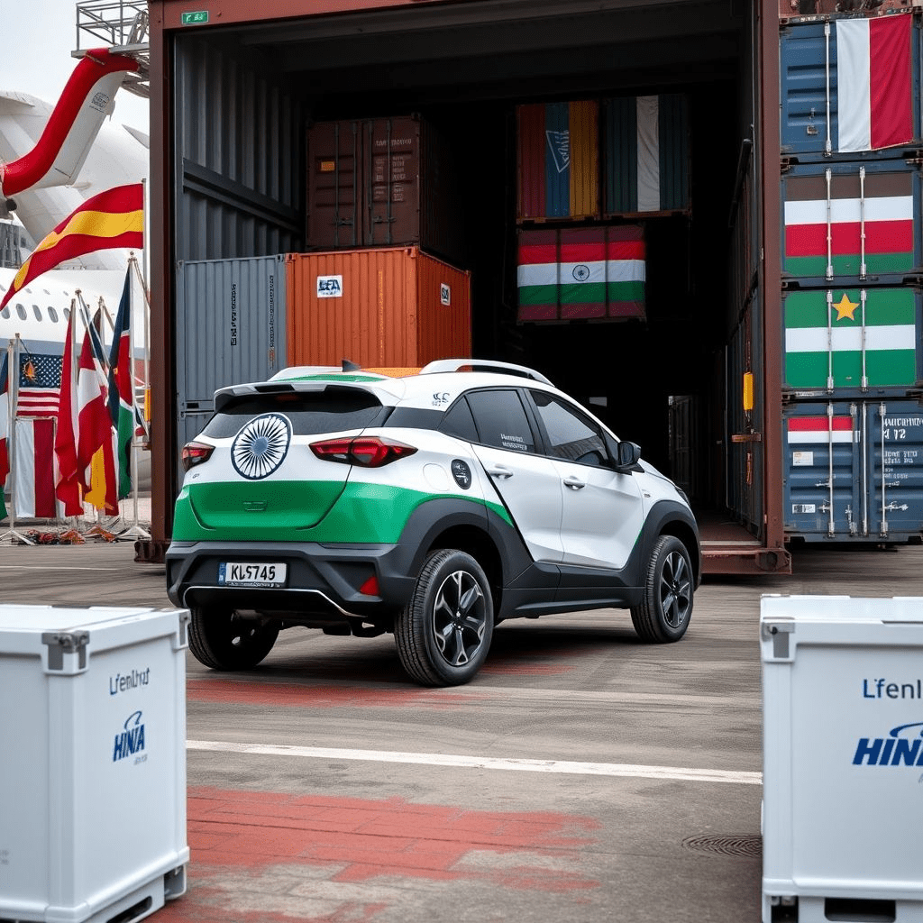 “India EV export growth: Indian electric vehicle ready for global shipment.”