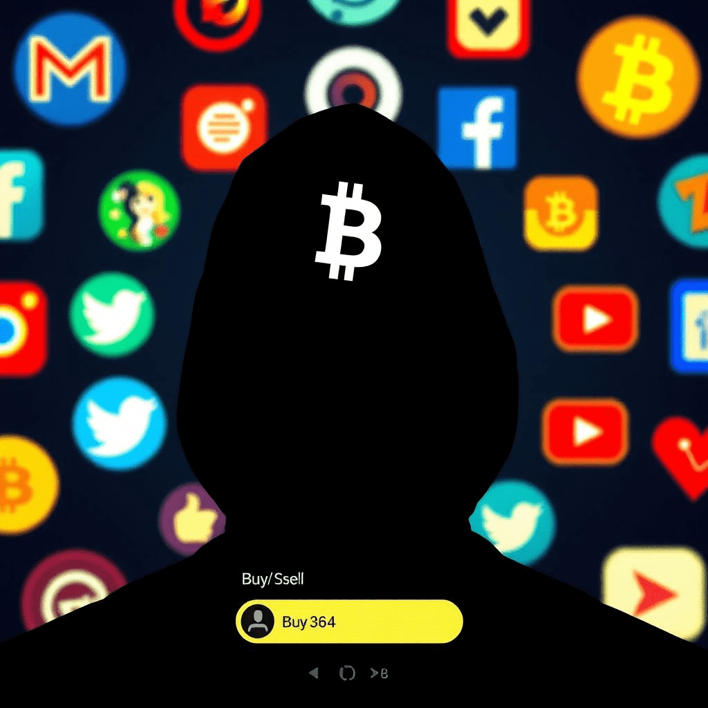 Shadowy scammer figure with social media icons and trading screen, symbolizing Indian crypto scam.