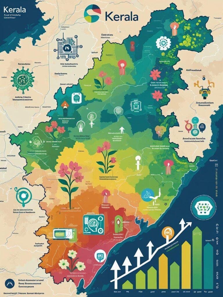 Kerala startup ecosystem growth – map of Kerala with startup icons and growth arrows symbolizing thriving innovation.