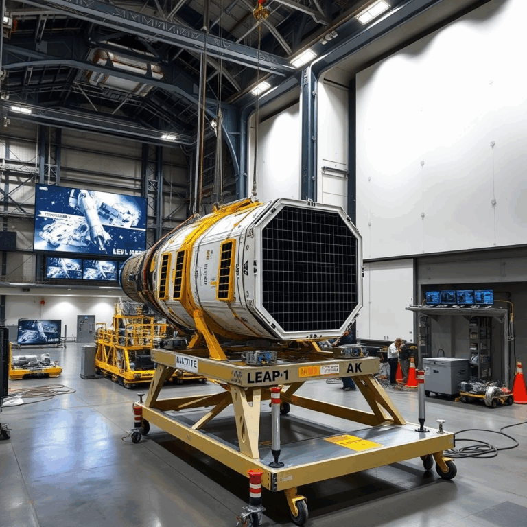 LEAP‑1 commercial mission satellite loading onto Falcon 9 rocket outside hangar