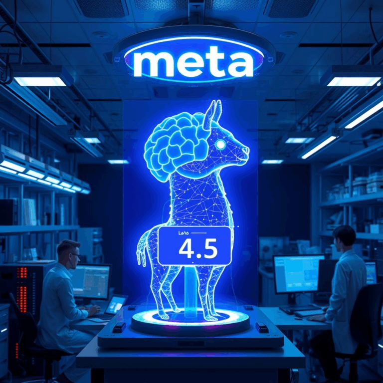 Meta TBD Lab superintelligence research team working on Llama 4.5 AI model in futuristic lab.
