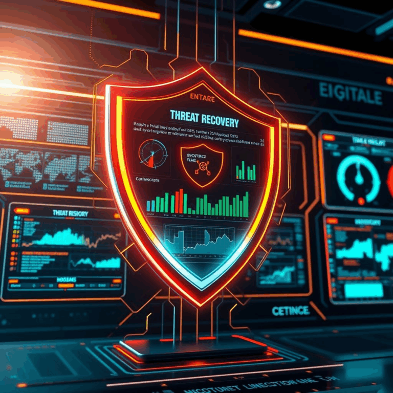 Digital control room with glowing shield icon, representing Mitigata’s cyber resilience platform