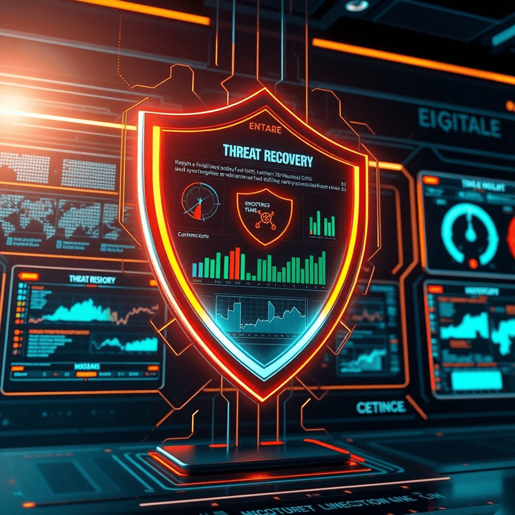 Digital control room with glowing shield icon, representing Mitigata’s cyber resilience platform