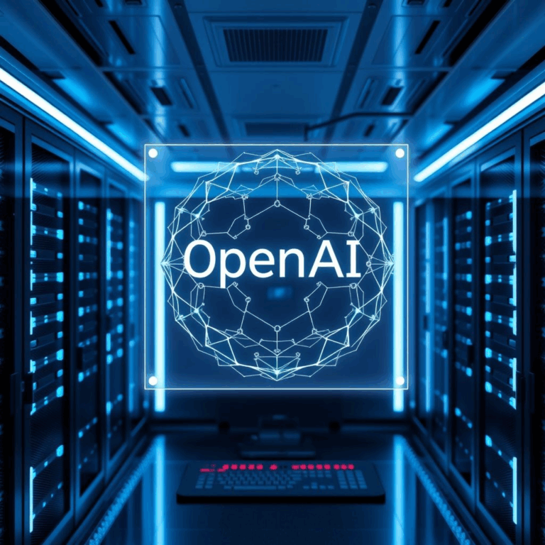 Illustration of OpenAI’s GPT-OSS model in a high-tech server environment representing open-weight AI.