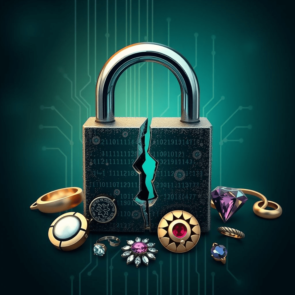 Broken padlock with jewelry icons representing Pandora data breach.