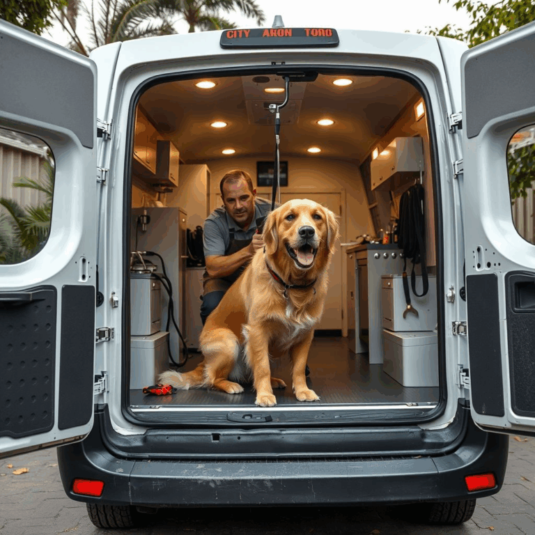 “home pet grooming startup grooming dog inside mobile van in Mumbai city”