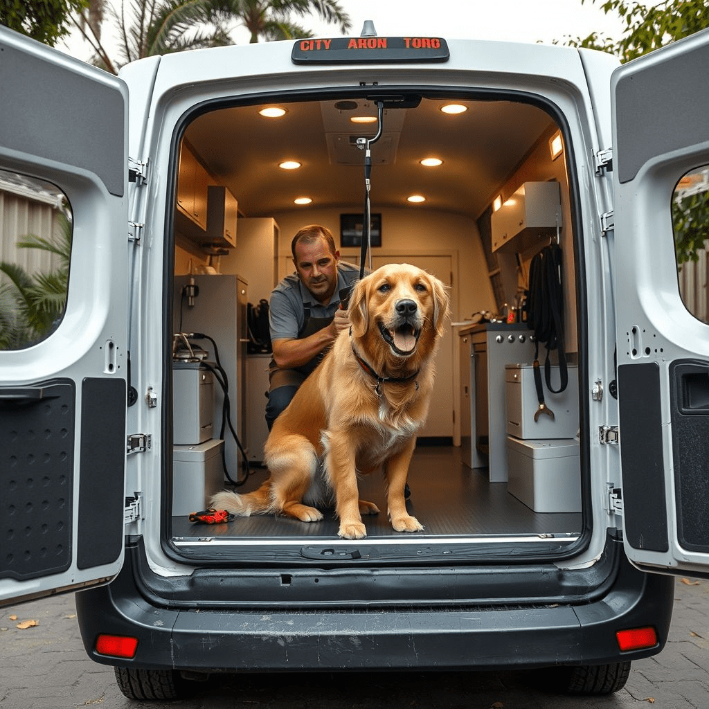 “home pet grooming startup grooming dog inside mobile van in Mumbai city”