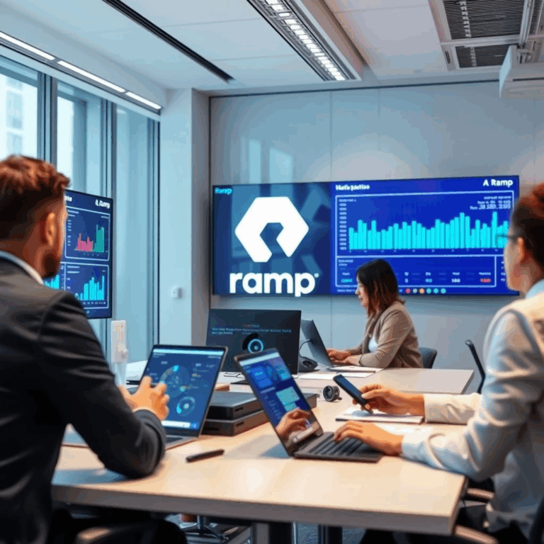 Ramp valuation increase reflected in a futuristic fintech office dashboard.