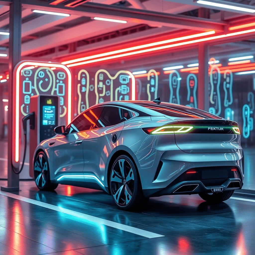 Electric car powered by silicon anode batteries charging at futuristic station.