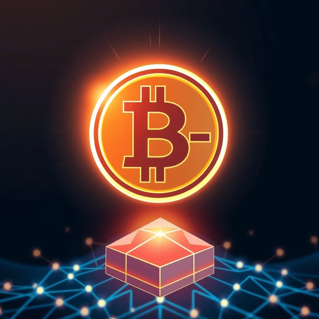 Sky Protocol credit rating—a ‘B–’ badge floats over a blockchain network.