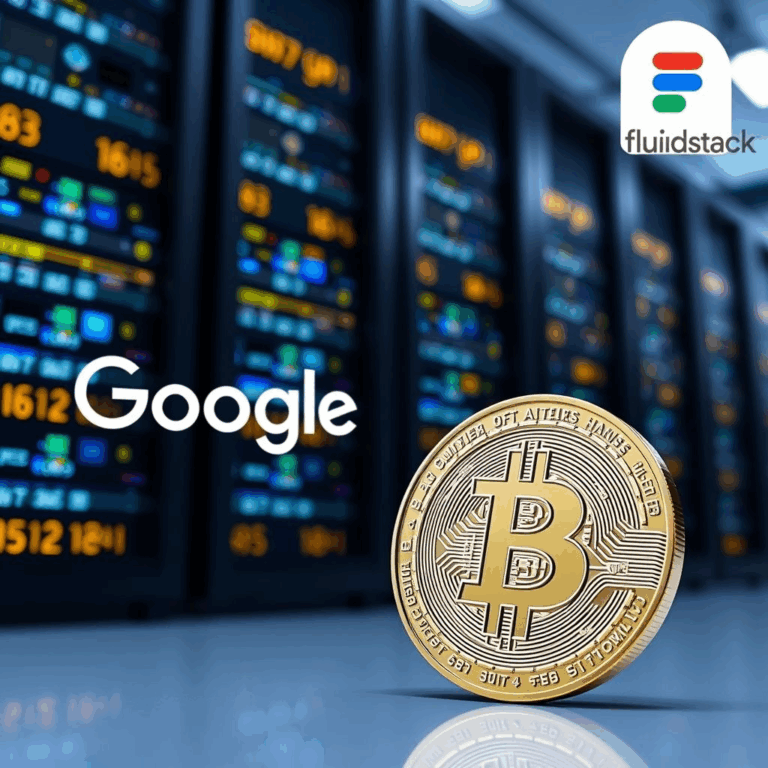 TeraWulf Google stake: data-center rack with bitcoin coin and Google/Fluidstack logos.