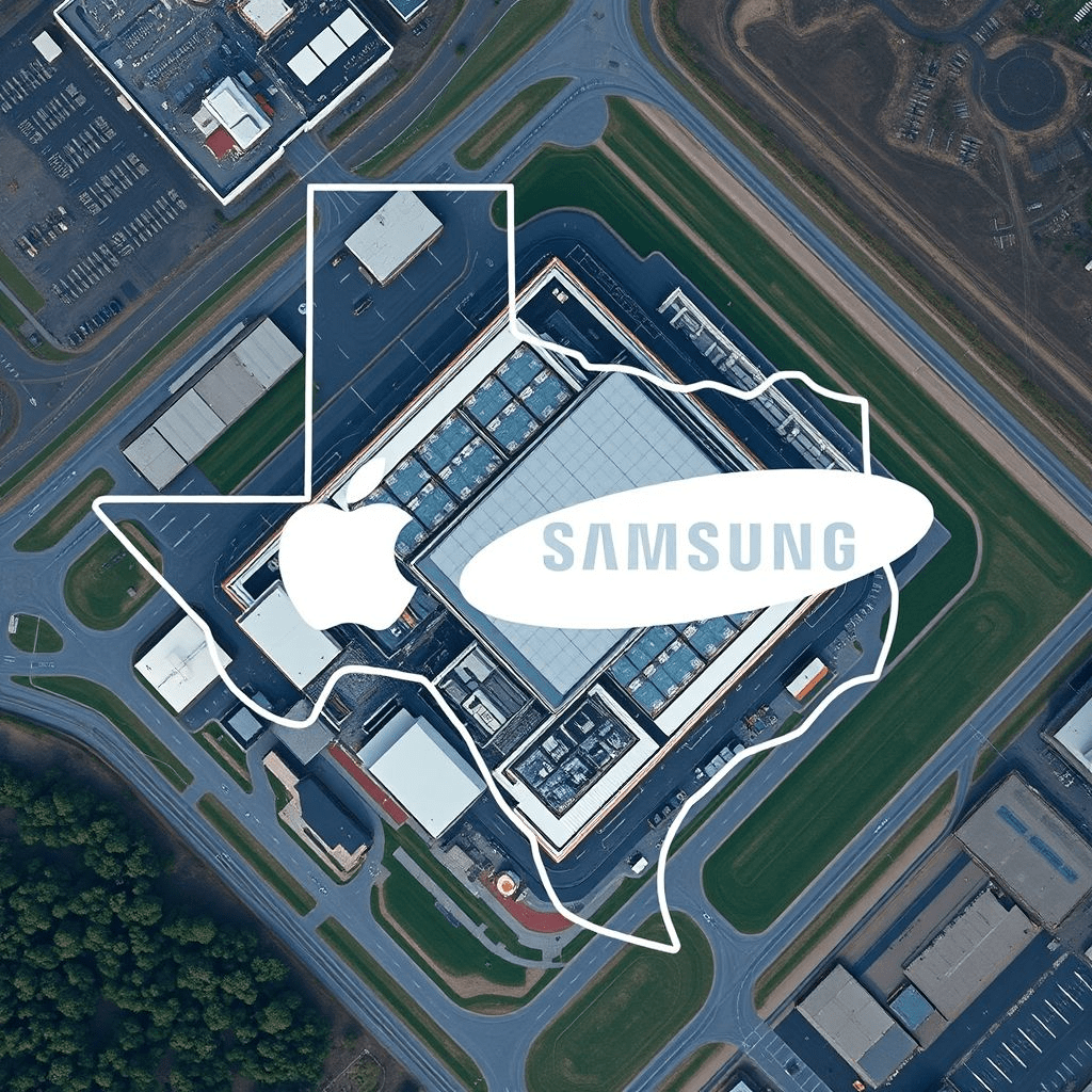 Texas chip deal illustration showing semiconductor fab with Apple and Samsung logos over Texas outline