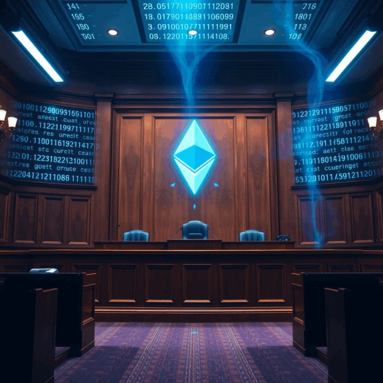 Alt text: Tornado Cash verdict courtroom scene with blockchain code overlay