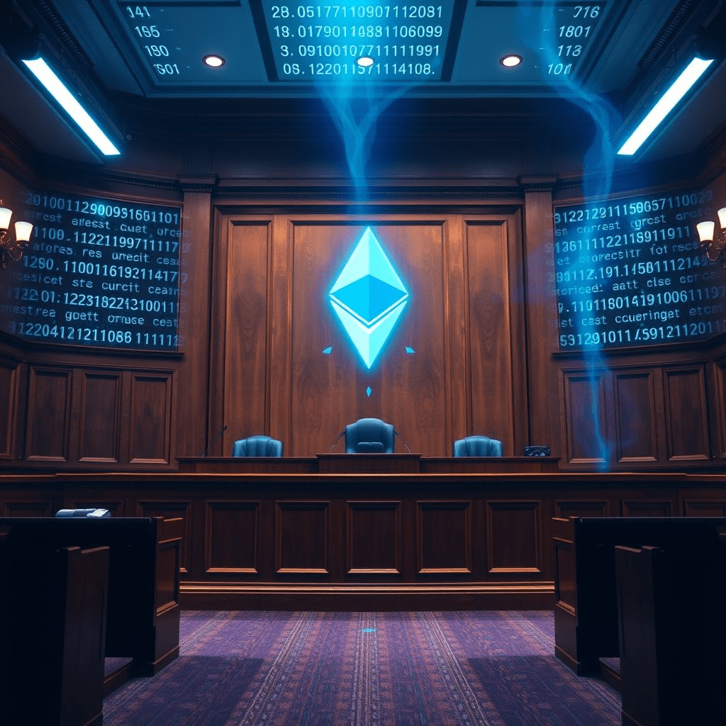 Alt text: Tornado Cash verdict courtroom scene with blockchain code overlay