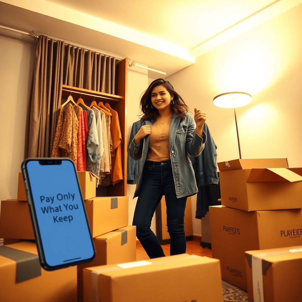 Customer trying fashion items at home with Try-First Pay-Later model.