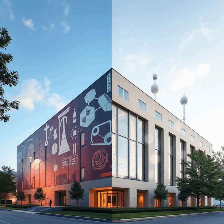 Research building split between defense and public AI research, symbolizing the Turing Institute crisis.