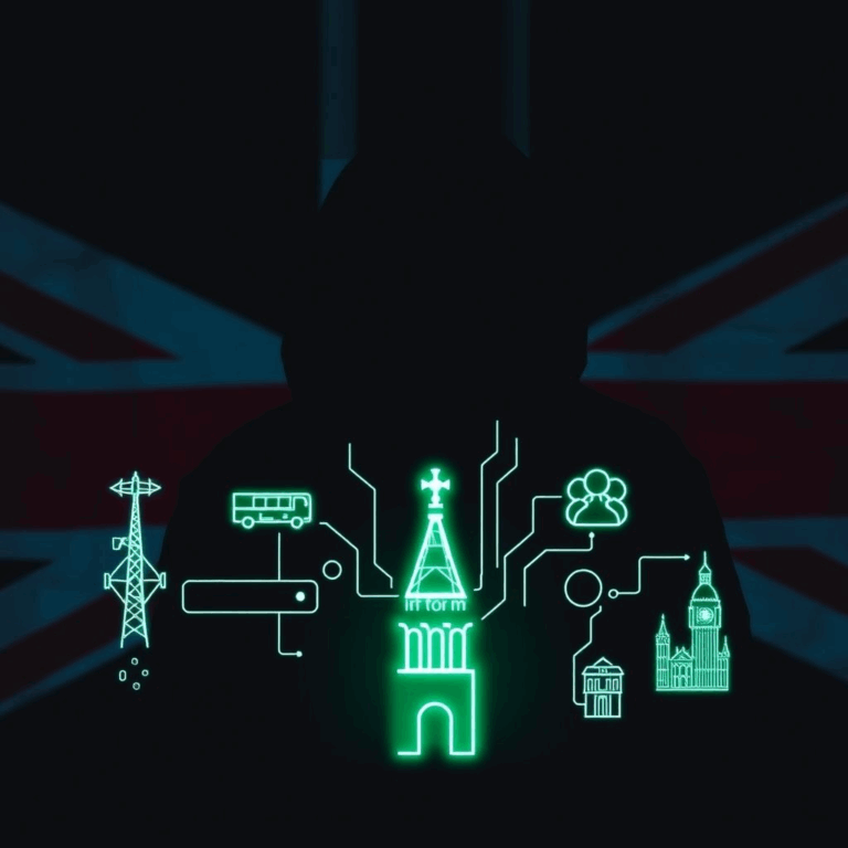“Hacker silhouette with UK flag and digital lines, symbolizing Chinese hackers infiltration into infrastructure.”