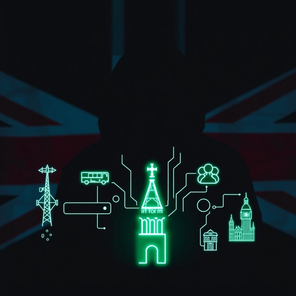 “Hacker silhouette with UK flag and digital lines, symbolizing Chinese hackers infiltration into infrastructure.”