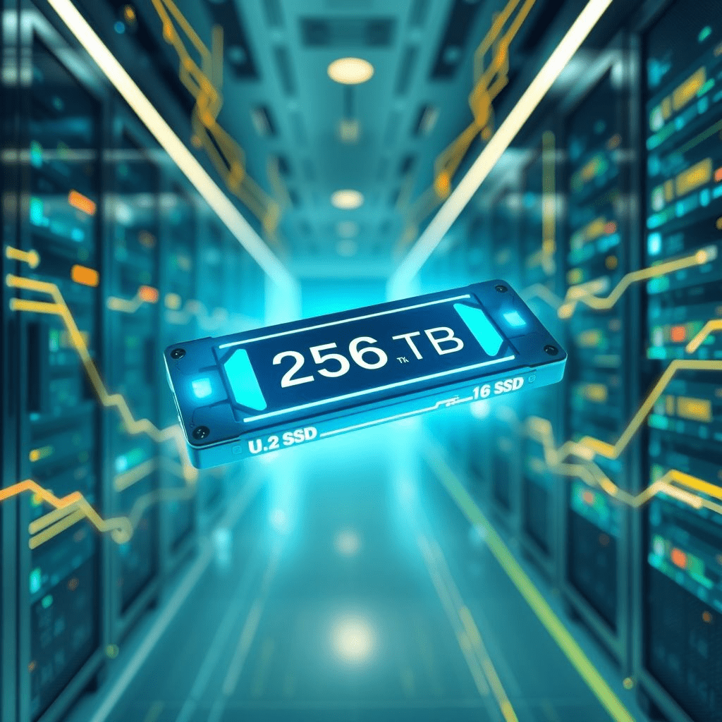 UltraQLC 256 TB SSD in U.2 format surrounded by AI data stream visuals.