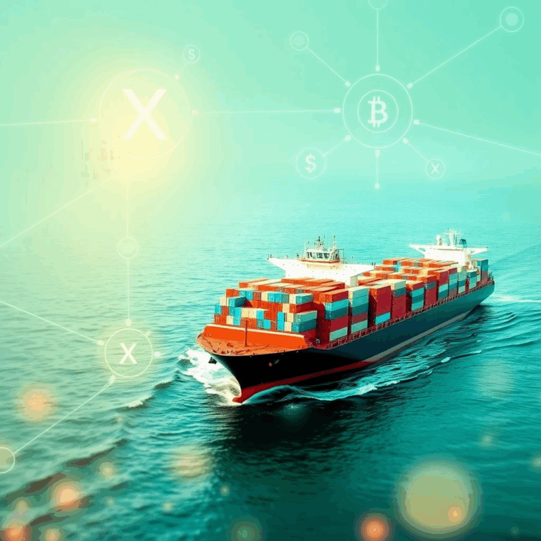 XRP Ledger supply-chain finance – cargo ships and blockchain network overlay.