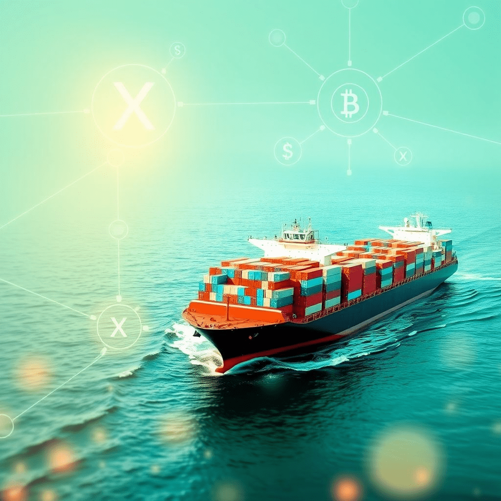 XRP Ledger supply-chain finance – cargo ships and blockchain network overlay.