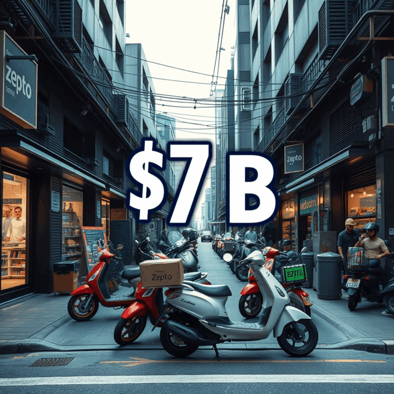 Zepto funding round image shows dark store network, delivery scooters, and $7 billion valuation tag