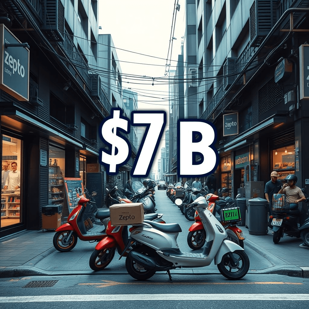 Zepto funding round image shows dark store network, delivery scooters, and $7 billion valuation tag