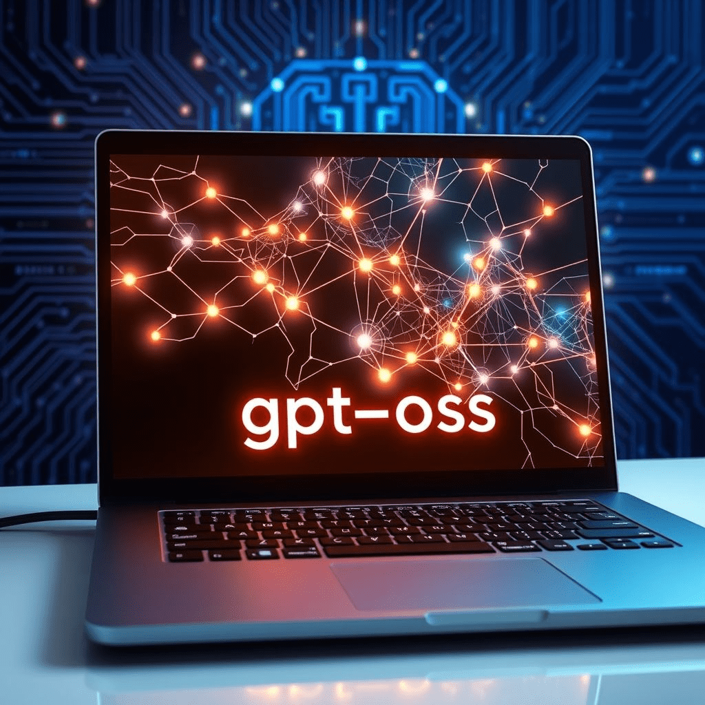 Glowing neural network on laptop screen labeled gpt-oss, representing OpenAI’s open-weight model