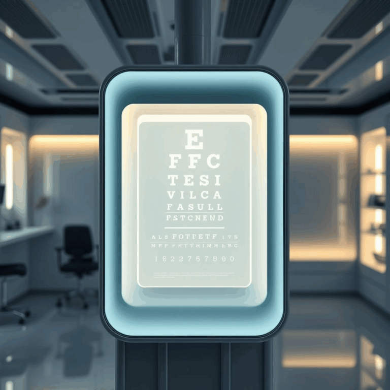 Eyebot vision test kiosk with digital eye chart inside a modern clinic