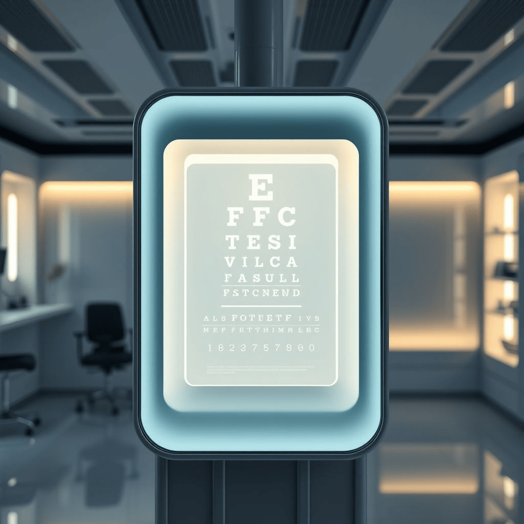 Eyebot vision test kiosk with digital eye chart inside a modern clinic