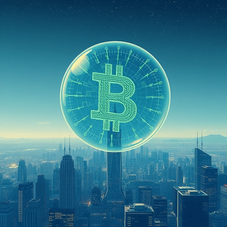 ai-bubble-bret-taylor warning depicted as a futuristic glass bubble with circuit patterns.