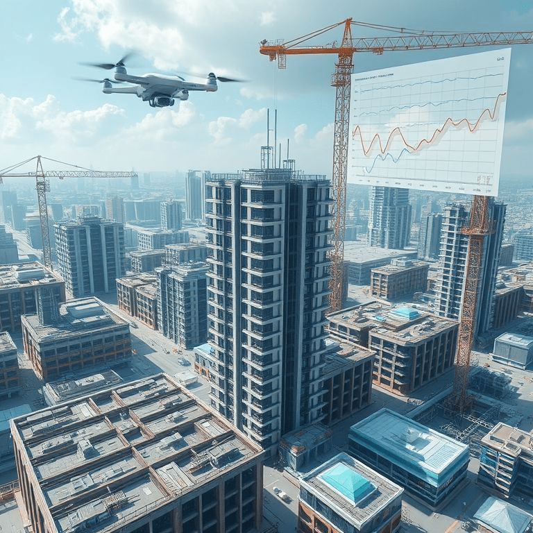 Construction site with AI construction intelligence overlays