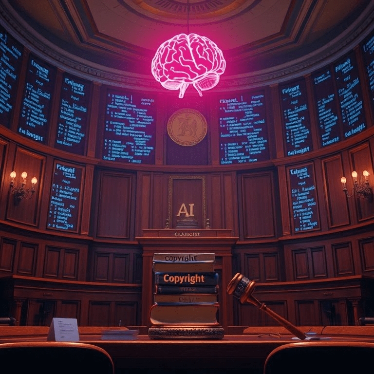 Legal gavel and AI text brain illustrating anthropic copyright settlement and training data litigation.