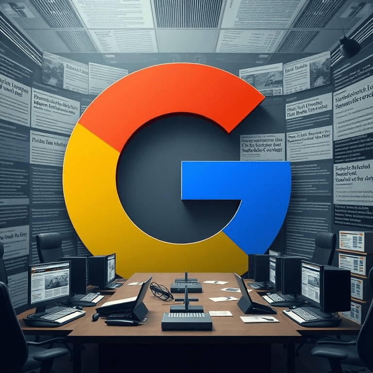 google-ai-overviews lawsuit between Penske Media and Google depicted as AI text versus journalism.