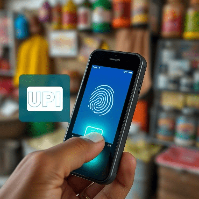 “Aadhaar-based biometric payment device terminal capturing thumbprint in rural Indian shop scene”