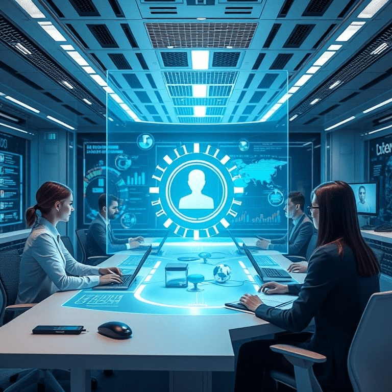 ChatGPT Enterprise in a futuristic office with holographic AI assistants.