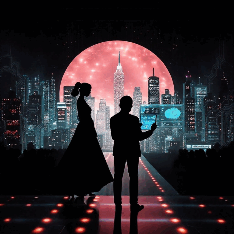 “Chief AI Officer fashion leadership visualized with runway, circuits, and an executive figure.”