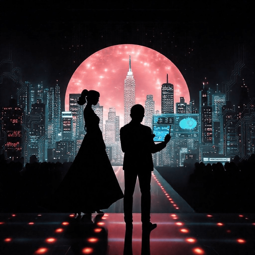 “Chief AI Officer fashion leadership visualized with runway, circuits, and an executive figure.”