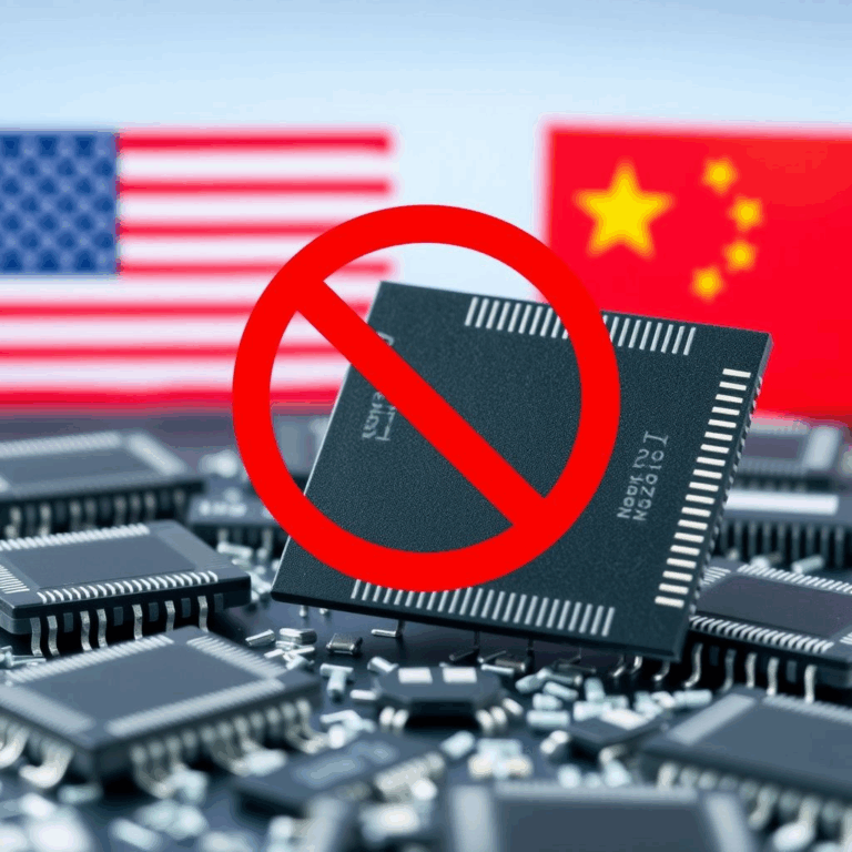 Chips overlaid with U.S. and China flags separated by a ban symbol.