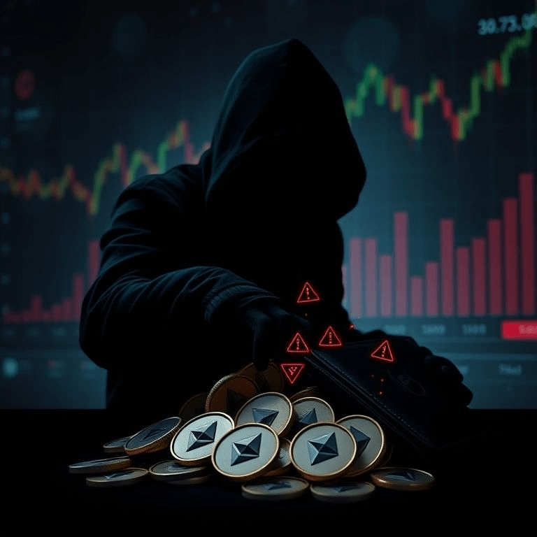 Coinbase hacker wallet shown as a shadowy figure with Ethereum coins against a price rally chart.