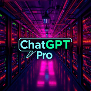 OpenAI compute features represented by glowing GPU racks in a futuristic data center.