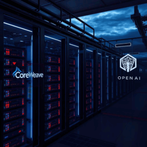 CoreWeave OpenAI deal: data center with GPU racks and company branding.