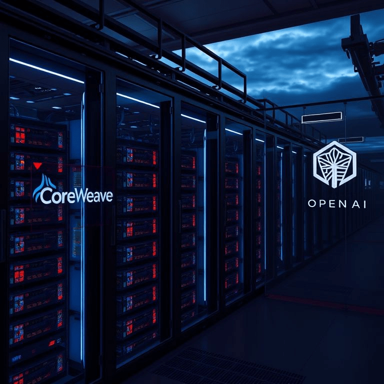 CoreWeave OpenAI deal: data center with GPU racks and company branding.