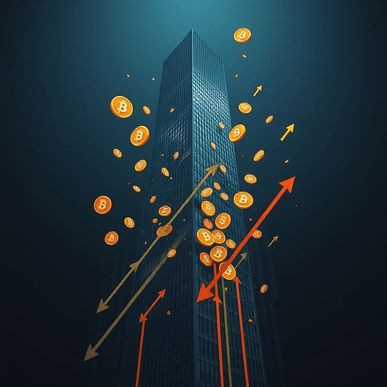 crypto-treasury-selloff corporate tower dissolving into coins and red arrows