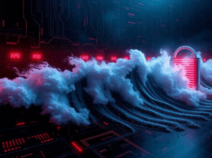 Illustration of a massive DDoS cyberattack wave overwhelming a tech firewall.