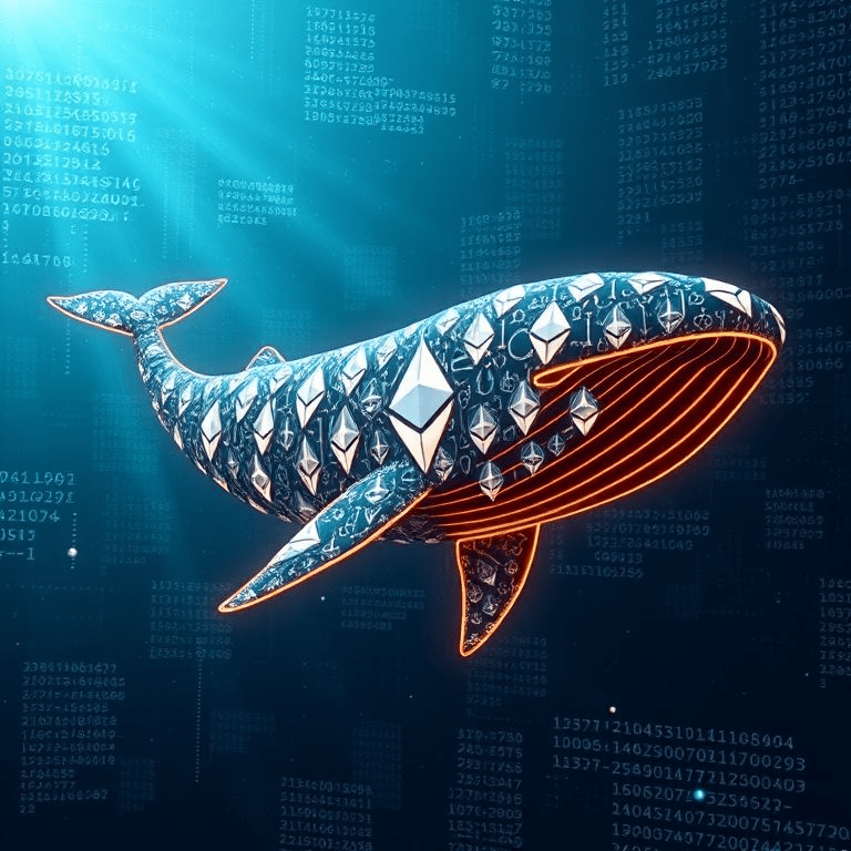 “Ethereum whale buy represented by digital whale with Ethereum logos”